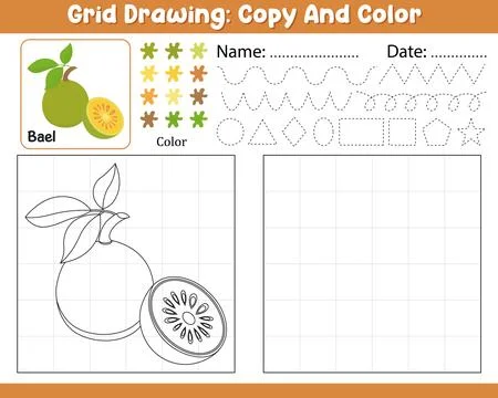 Vector Grid Drawing Copy Color Palette Kids Worksheet With Cute Bael Shape .. Stock Illustration