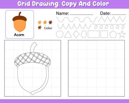 Vector Grid Drawing Copy Color Palette Kids Worksheet With Cute Acorn Shape.. Stock Illustration