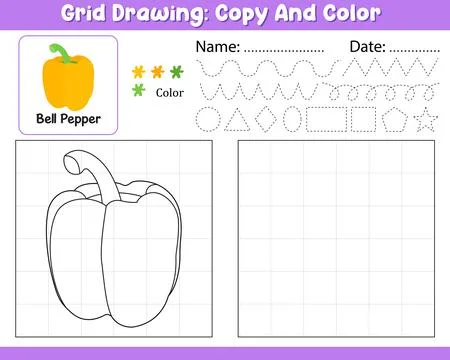 Vector Grid Drawing Copy Color Palette Kids Worksheet With Cute Bell Pepper.. Illustrazione stock