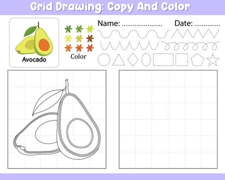 Vector Grid Drawing Copy Color Palette Kids Worksheet With Cute Avocado Sha.. Illustrazione stock