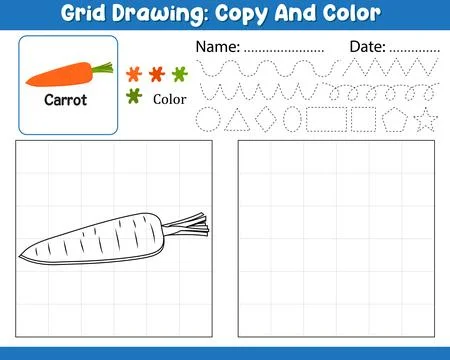 Vector Grid Drawing Copy Color Palette Kids Worksheet With Cute Carrot Shap.. Stock Illustration
