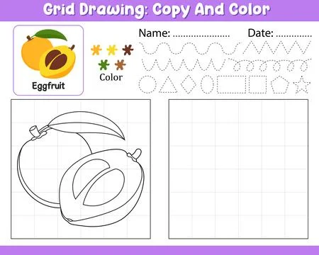 Vector Grid Drawing Copy Color Palette Kids Worksheet With Cute Eggfruit Sh.. Illustrazione stock