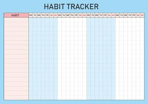 Vector grid Habit tracker per week. blue pink Stock Illustration