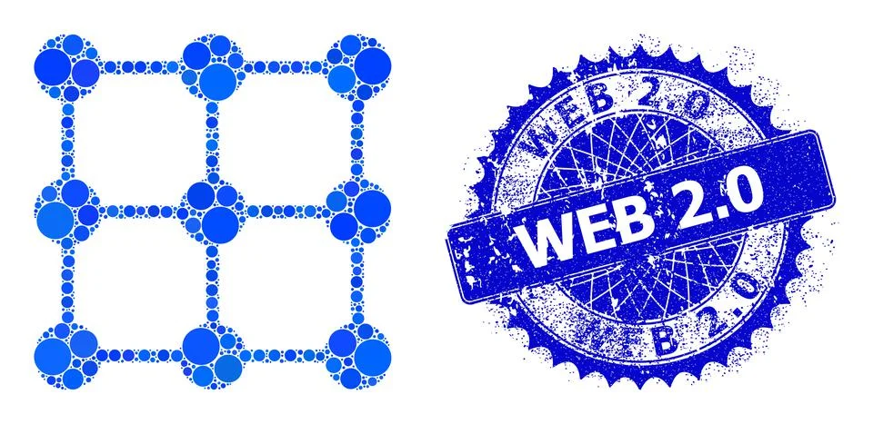 Vector Grid Nodes Composition of Small Circles with Scratched Web 2.0 Badge Stock Illustration