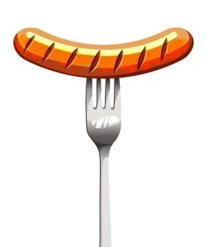 Vector grilled sausage on a fork isolated on a white background. Stock Illustration