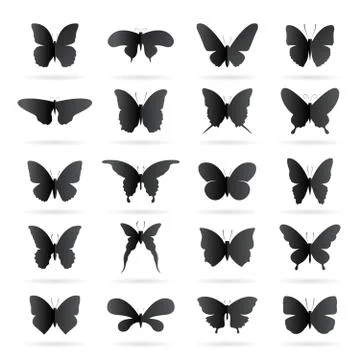 Vector group of black butterfly on white background. Butterfly icon. Insect. Stock Illustration