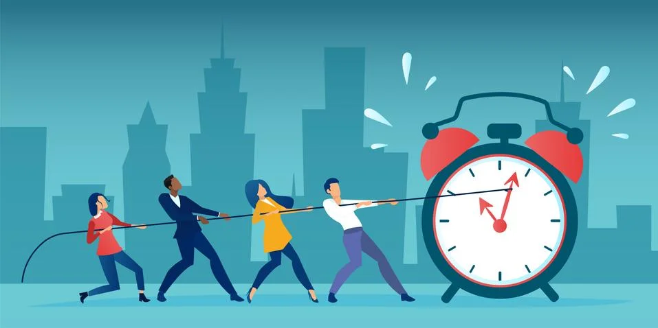 Vector of a group of business people pulling clock hands on a rope. Stock Illustration