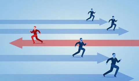 Vector of a group of businessmen running in one direction and one business .. Stock Illustration