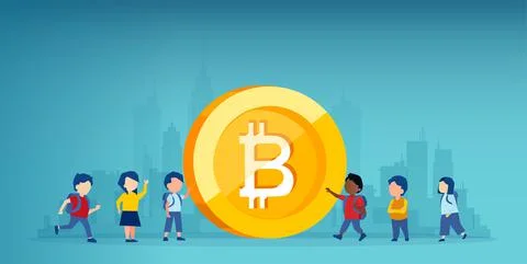 Vector of a group of children standing next to a bitcoin Stock Illustration