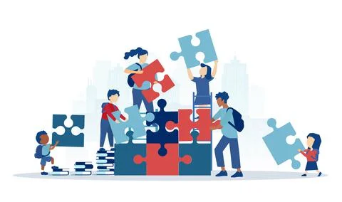 Vector of a group of children students assembling a puzzle Stock Illustration
