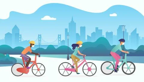 Vector Group of cyclists people wearing protection medical face mask and riding Stock Illustration