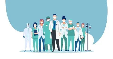 Vector of a group of doctors and nurses wearing face masks Stock Illustration