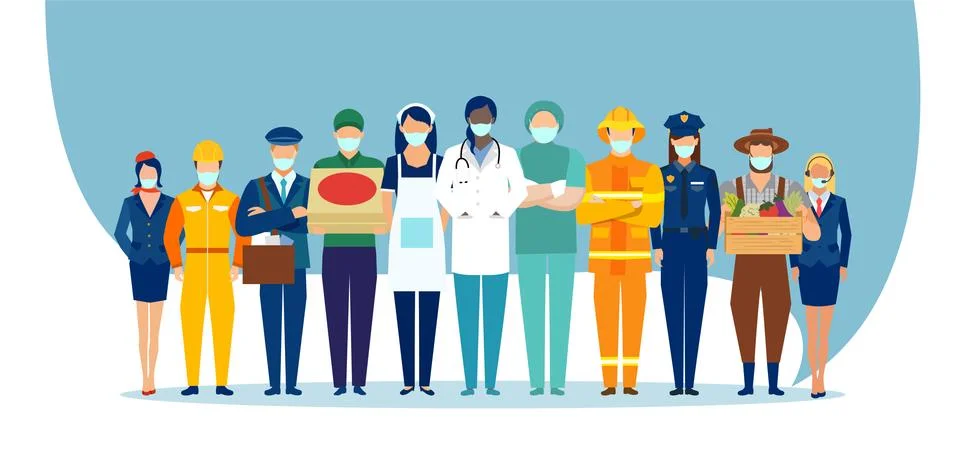 Vector of a group of essential workers wearing face masks Stock Illustration
