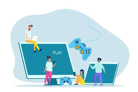 Vector of a group of gamers playing on different devices, mobile phone, tab.. Stock Illustration