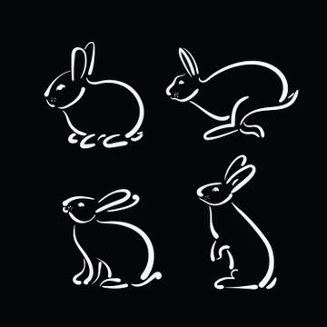 Vector group of hand drawn rabbit on black background. Wild Animals. Stock Illustration