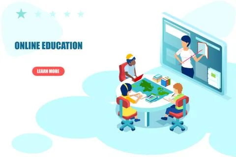 Vector of a group of kids sitting at table watching teacher explaining online Ilustração Stock