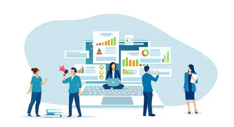 Vector of a group of people analyzing business data 스톡 일러스트
