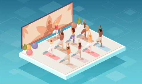 Vector of a group of people doing yoga exercises in a studio or fitness cente Stock Illustration