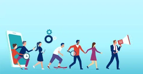 Vector of a group of people holding hands and walking out of smartphone. Stock Illustration