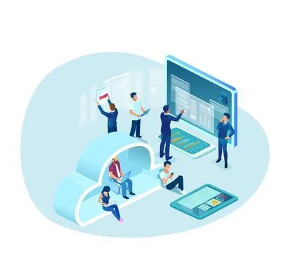 Vector of a group of people using computers, cloud service, analyzing web dat Stockillustratie