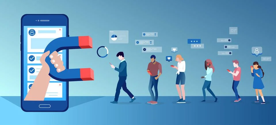 Vector of a group of people using mobile gadgets communicating being attracte Stock Illustration