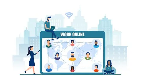 Vector of a group of people using mobile devices freelancing and networking 库存插图