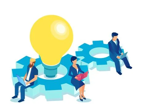 Vector of a group of people working on laptops generating innovative ideas Stock Illustration