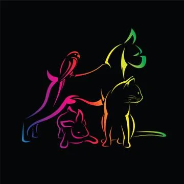 Vector group of pets - Dog, cat, bird, rabbit, isolated on black background Illustrazione stock