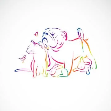 Vector group of pets - Dog, cat, bird, macaw, chameleon, rabbit, butterfly, H Illustrazione stock