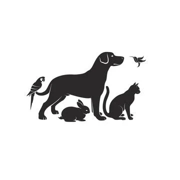 Vector group of pets - Dog, Cat, Humming bird, Parrot, Rabbit isolated on whi Stockillustratie