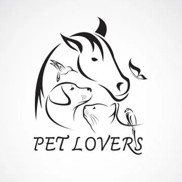 Vector group of pets - Horse, dog, cat, bird, butterfly, rabbit isolated on w Illustrazione stock