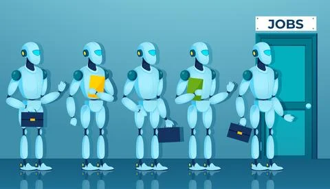 Vector of a group of robots candidates waiting for job interview replacing .. Stock Illustration