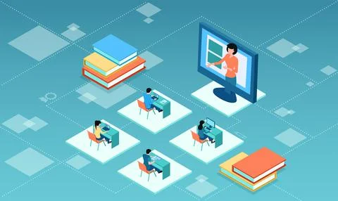 Vector of a group of students and a teacher using online interactive platform 스톡 일러스트