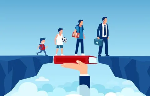 Vector of a growing up man walking on a book bridging the gap to become a suc Stock Illustration