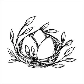 Vector grunge black and white linear illustration of a nest with three eggs Stock Illustration