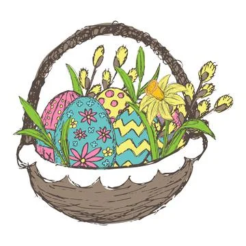 Vector grunge illustration of Easter basket with painted eggs and flowers Stock Illustration