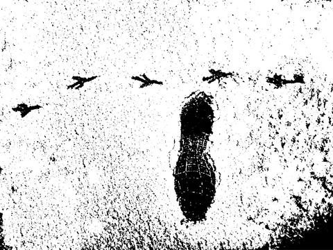 Vector grunge texture footprints of bird paws and human shoes on snow Stockillustratie