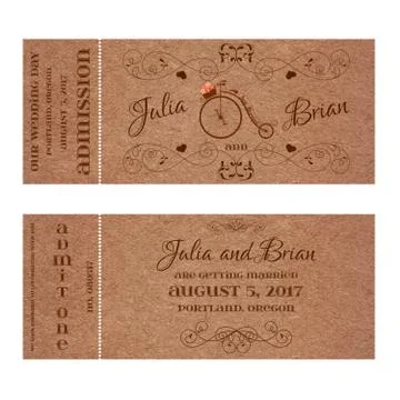 Vector Grunge Ticket for Wedding Invitation with retro bicycle Stock Illustration
