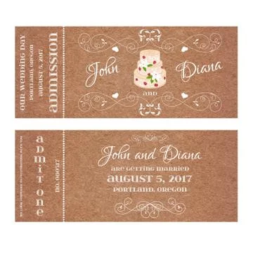 Vector Grunge Ticket for Wedding Invitation with cake and roses Stock Illustration