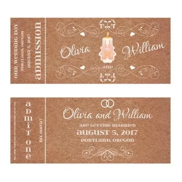 Vector Grunge Ticket for Wedding Invitation with burning candle Stock Illustration