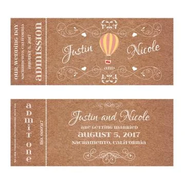 Vector Grunge Ticket for Wedding Invitation with Montgolfier Stock Illustration