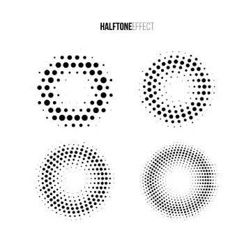 Vector halftone effect set. Different gradient rings in halftone effect. Stock Illustration
