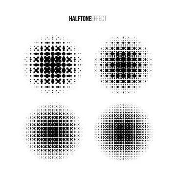 Vector halftone effect set. Different gradient circles in halftone effect. Stock Illustration