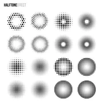 Vector halftone effect set. Different gradient rings and circles in halftone Stock Illustration