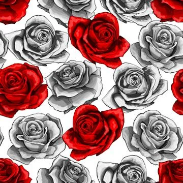 Vector halftone hand drawn rose flower blossom blooming seamless pattern Illustrazione stock