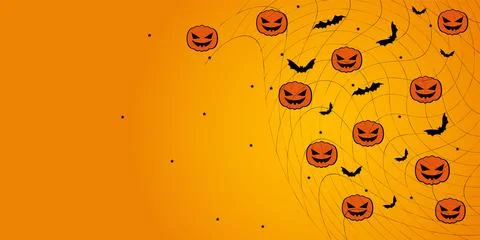 Vector. Halloween background with bats, pumpkins, stars, cobwebs. Stock Illustration