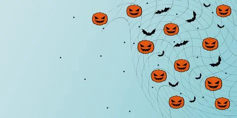 Vector. Halloween background with bats, pumpkins, stars, cobwebs. Stock Illustration