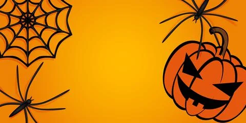 Vector. Halloween background with bats, pumpkins, cobwebs, holiday decoration. Stock Illustration