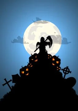 Vector : Halloween background with death grave and pumpkins Stock Illustration