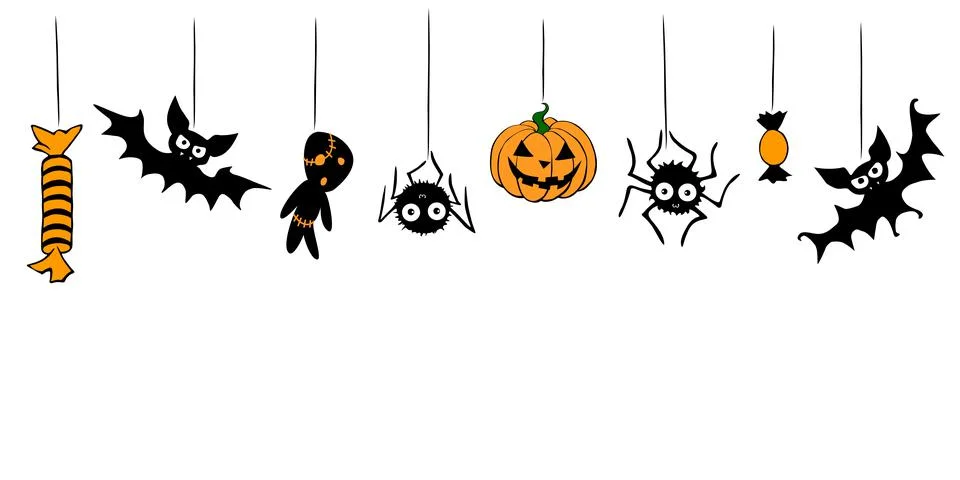 Vector Halloween background with hanging flat traditional elements - pumpkin, 스톡 일러스트